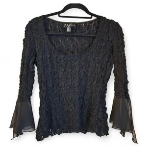 Algo Black Popcorn Knit Scalloped Neck Top Vintage 90s Y2K Textured Size 14